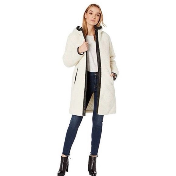 Vince Camuto Jackets & Blazers - Vince Camuto Women's Ivory White and Black Faux Vegan Leather trim Hooded Coat